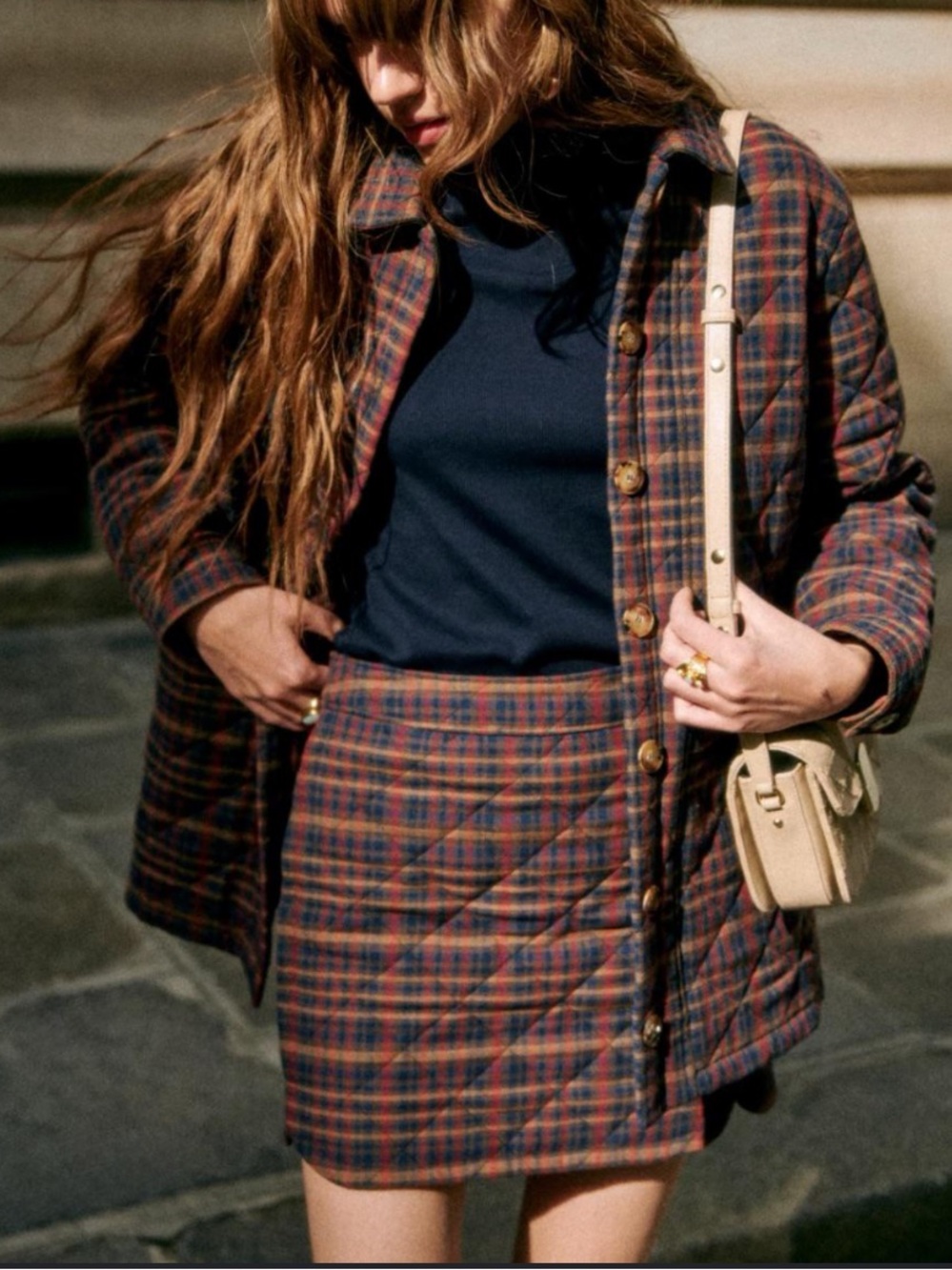 Sezane Tania Red Blue Quilted Plaid Mini Skirt in Ivan Tartan  FR 38 / US 6